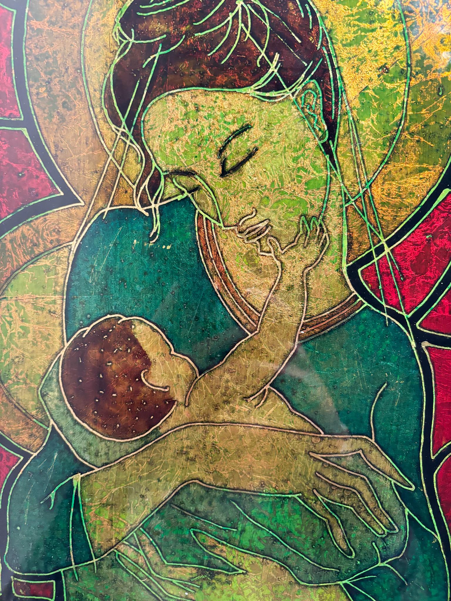 Chiseled Glass Plate Depicting a Maternity by Erwin Walter Burger from the 1960s In Good Condition For Sale In Milano, MI