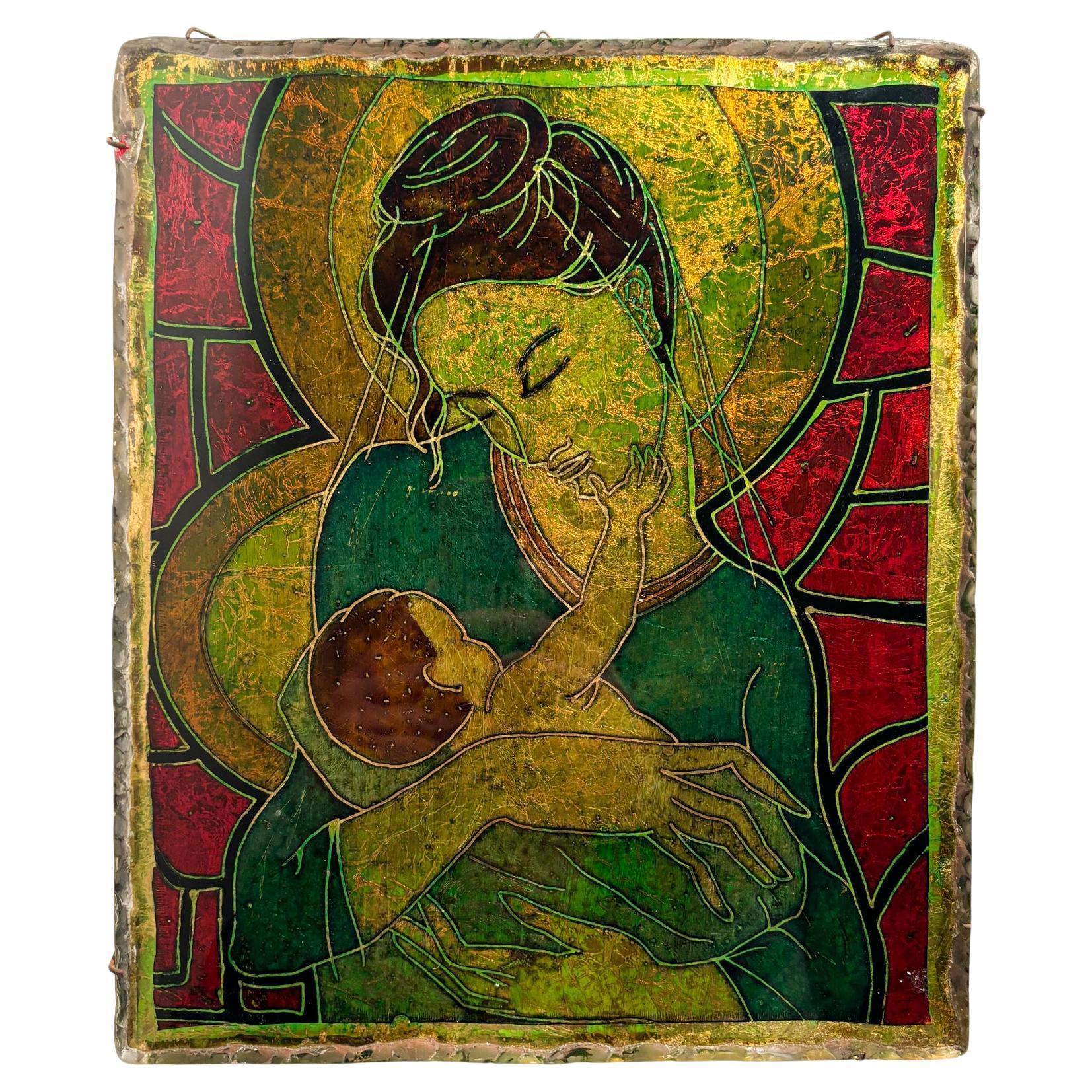 Chiseled Glass Plate Depicting a Maternity by Erwin Walter Burger from the 1960s