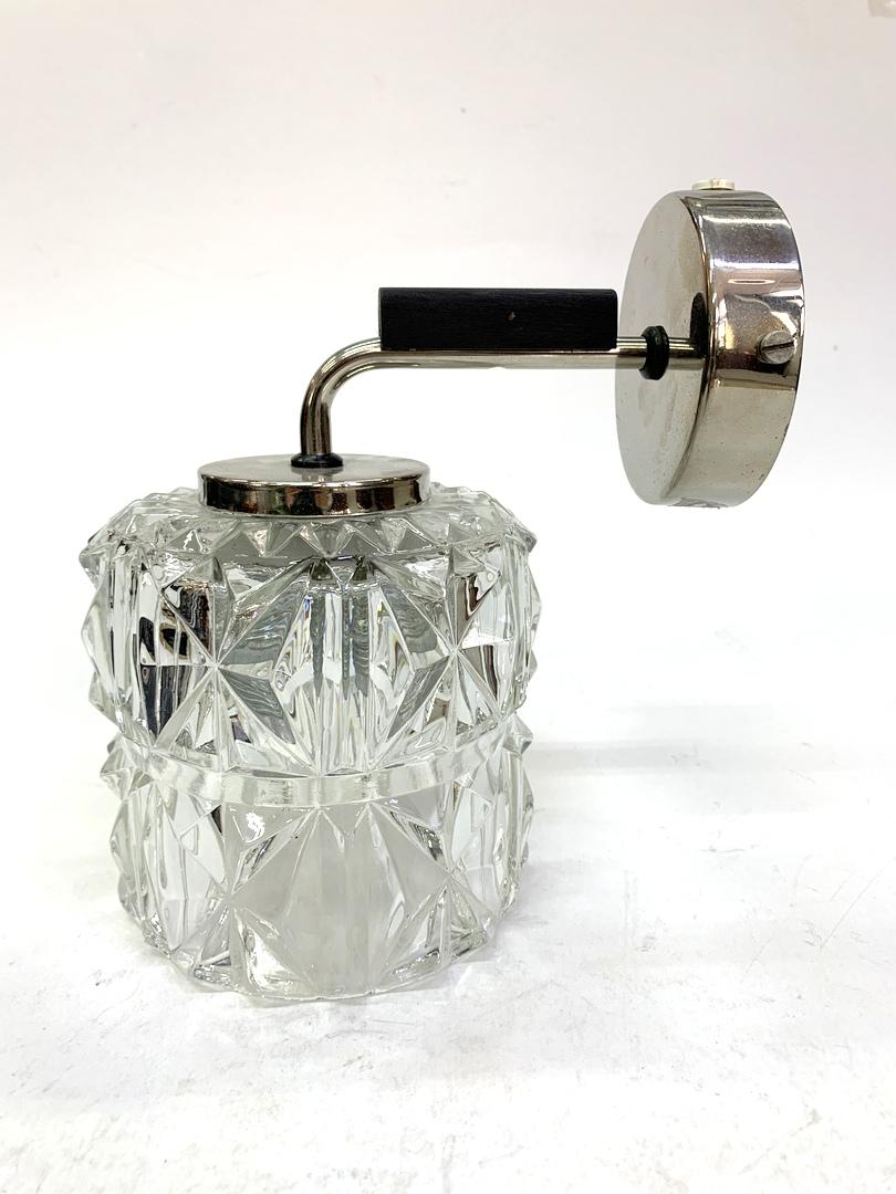 Late 20th Century Chiseled Glass Wall Light with Nickel-Plated and Wooden Accents, 1970s For Sale