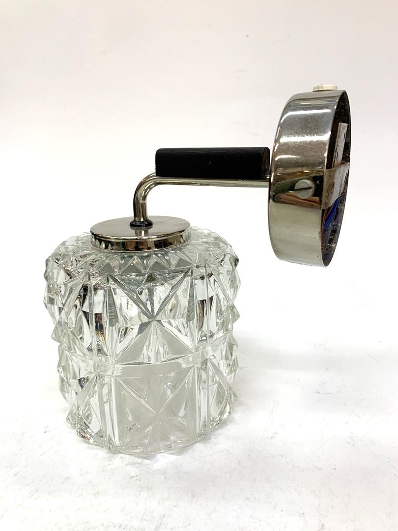 Steel Chiseled Glass Wall Light with Nickel-Plated and Wooden Accents, 1970s For Sale