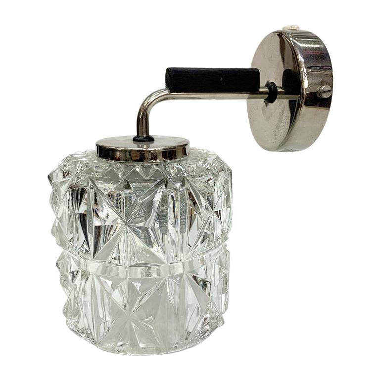 Chiseled Glass Wall Light with Nickel-Plated and Wooden Accents, 1970s For Sale