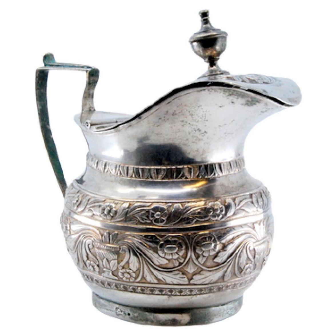 Chiseled silver milk jug with a knob on the hinged lid in the style of D. Maria