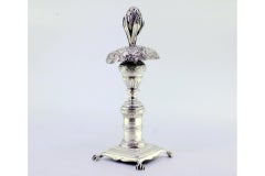 Chiseled silver toothpick holder with fruit on square claw-foot base