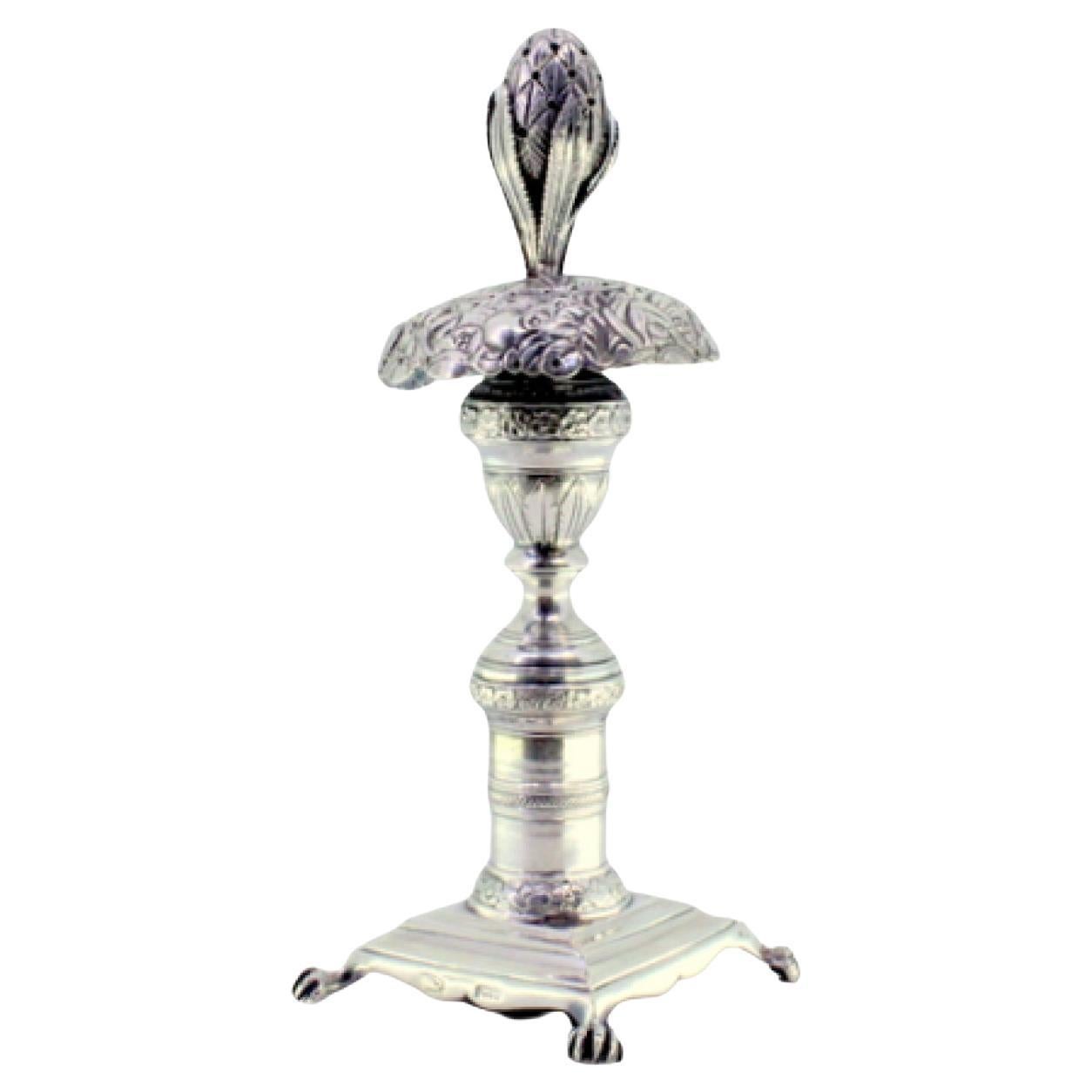 Chiseled silver toothpick holder with fruit on square claw-foot base