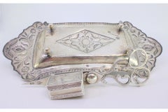 Chiseled silver tray & scissors w/ florals, friezes & 4 ball feet