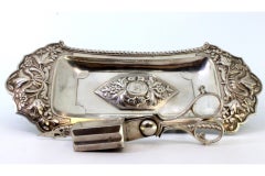 Chiseled silver tray & scissors w/ florals, friezes & 4 embossed feet