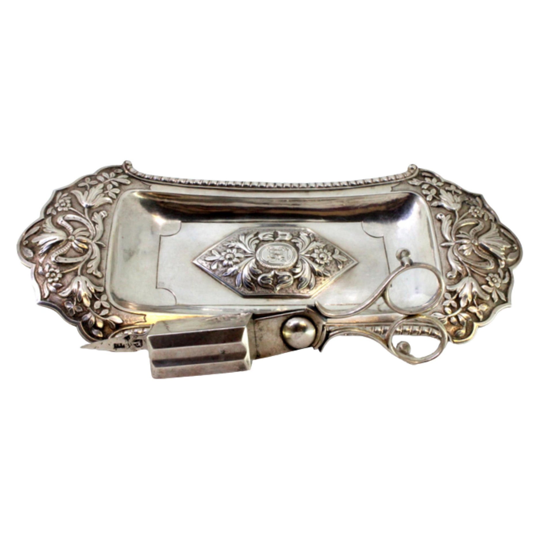 Chiseled silver tray 
scissors w/ florals, friezes 
4 embossed feet