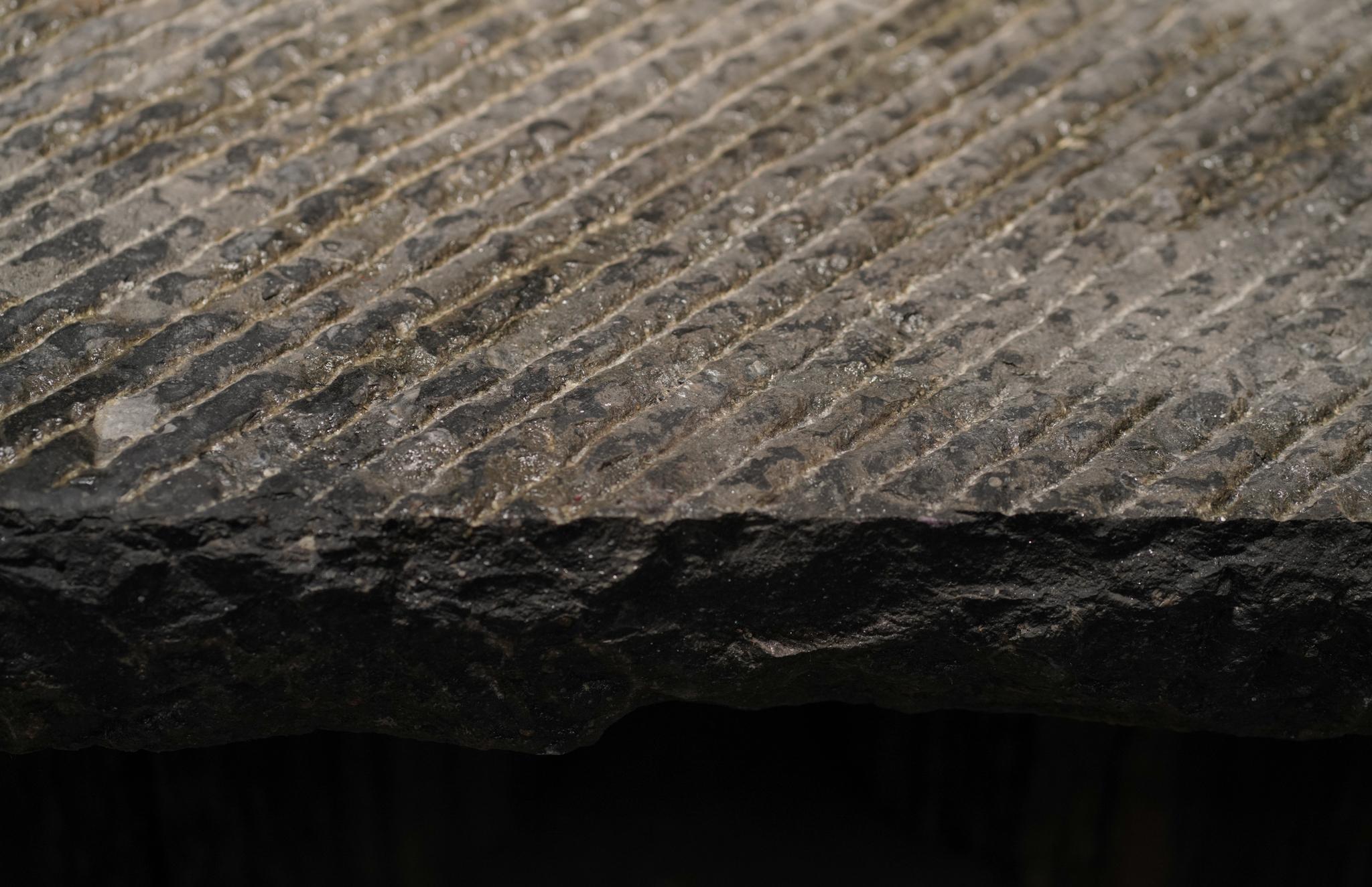  The Chiseled Stone Coffee Table features a square top with a distinctly defined surface, resting on natural trunk bases. Its interplay of sharp detail and organic form creates a piece with grounding presence.