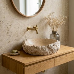 Chiseled Travertine Sink, Rock Face Stone Vessel Sink, Handcrafted Bathroom Sink