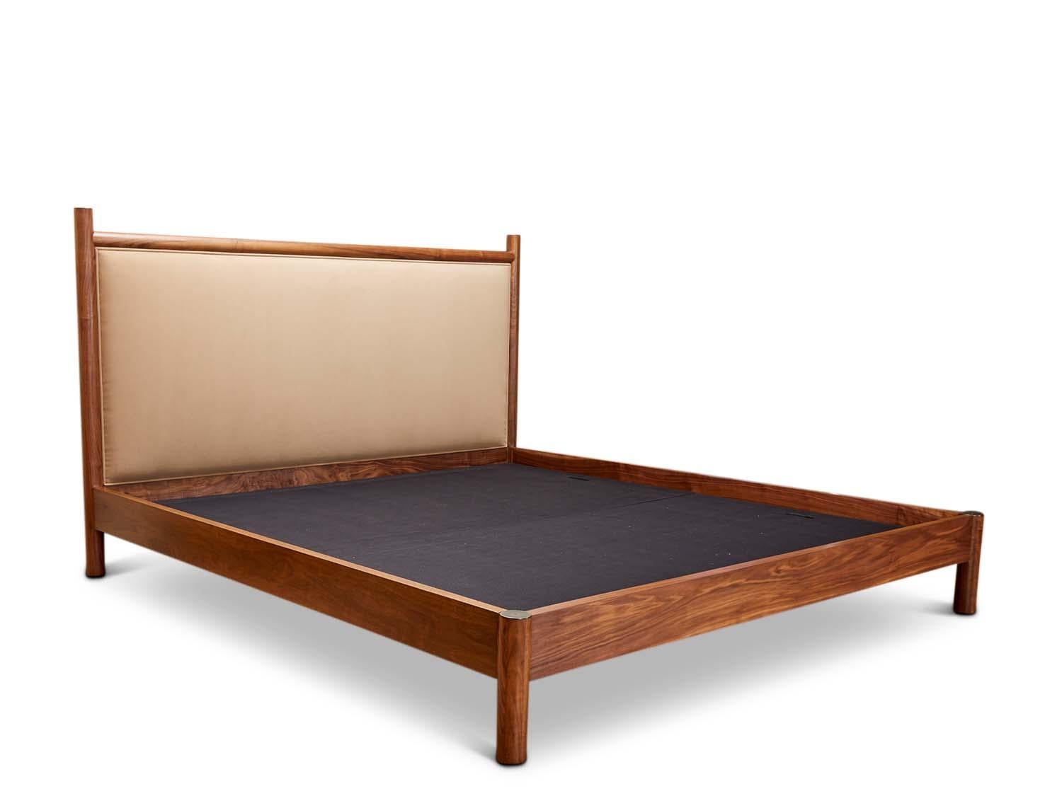 The Chiselhurst bed is an upholstered bed with a solid American walnut or white oak frame finished with brass caps. Slats are provided. Available with or without footboard. 

The Lawson-Fenning Collection is designed and handmade in Los Angeles,