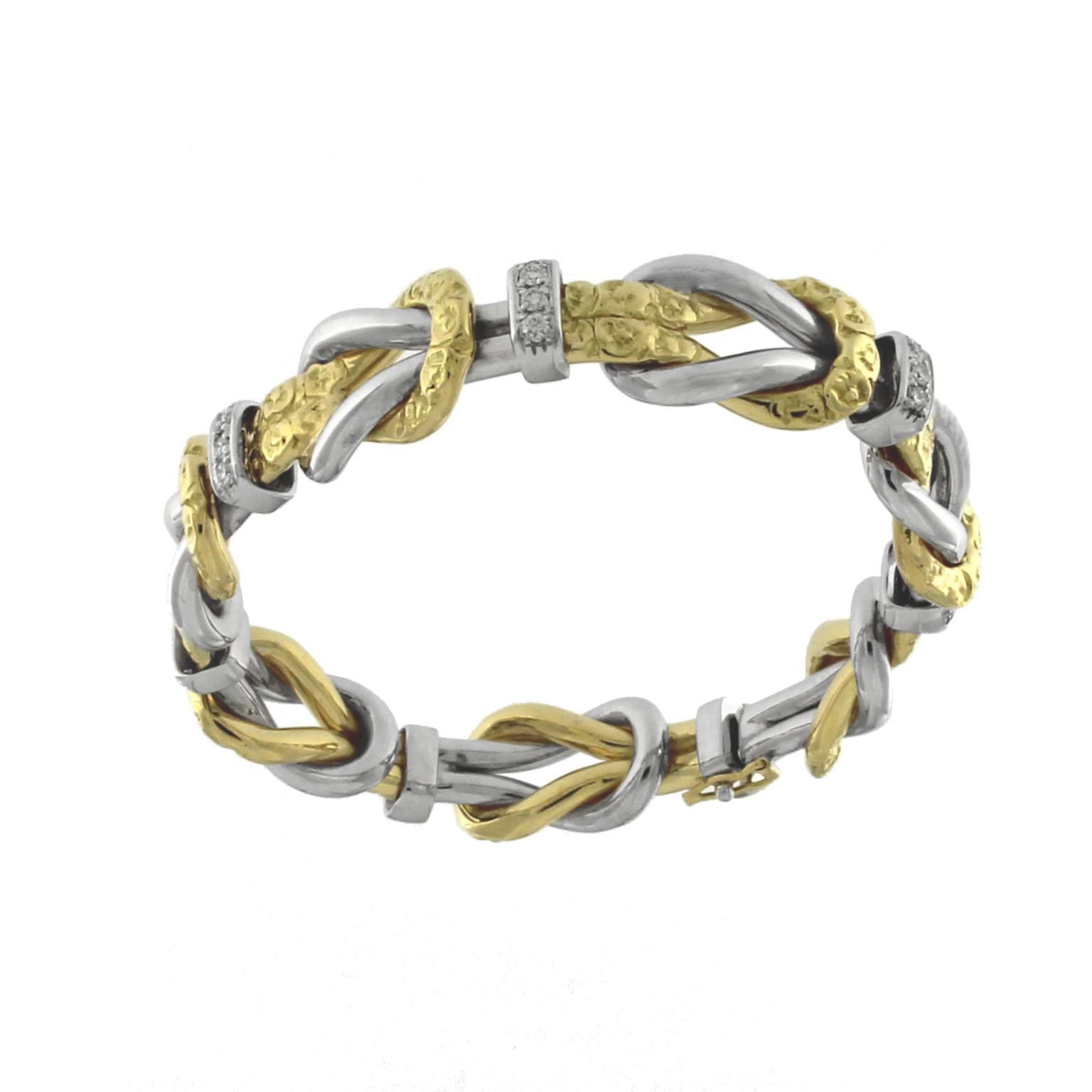Brilliant Cut Chiselled Knot Bracelet in Yellow and White 18 Karat Gold with Diamonds For Sale