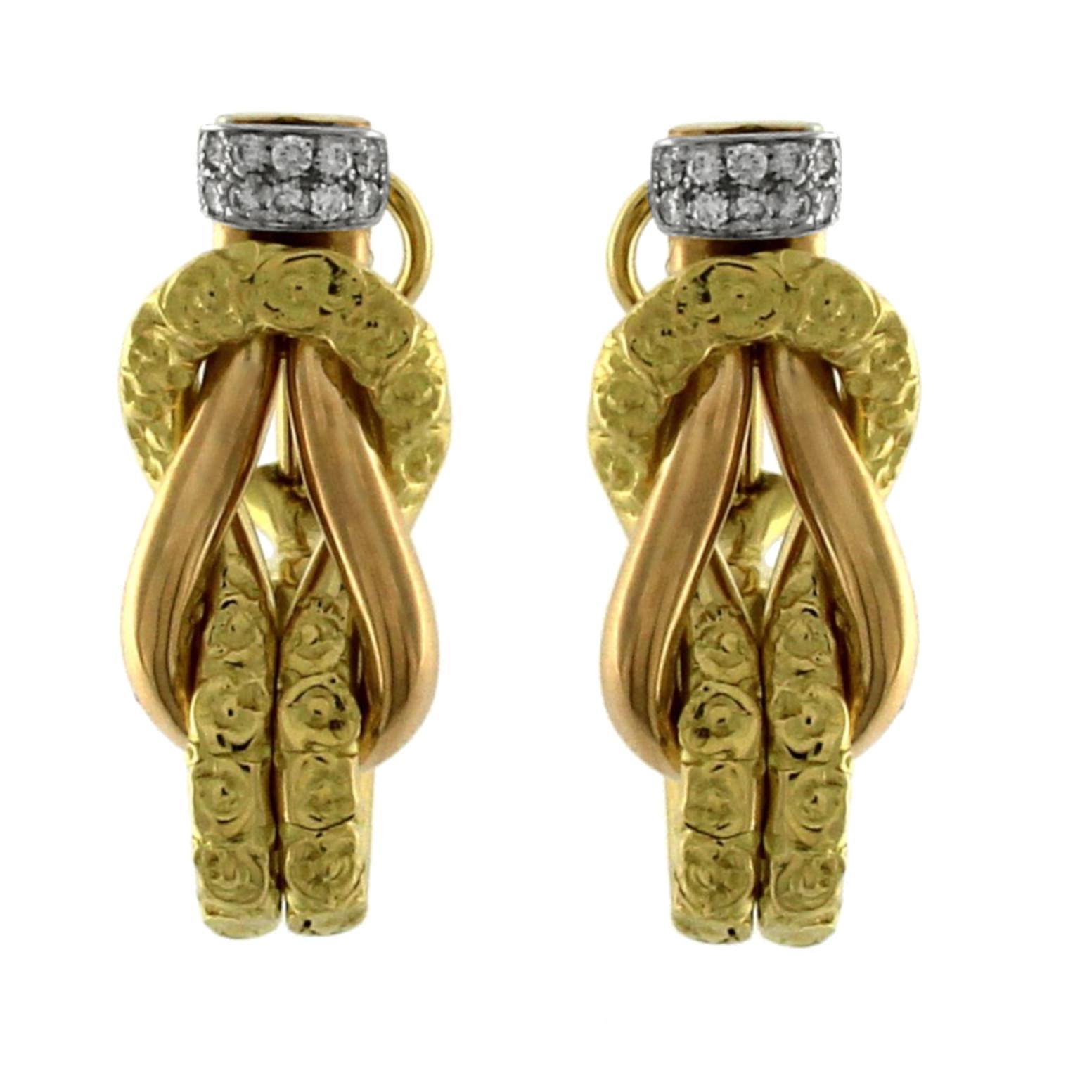 Chiselled Earrings 3 Colors Gold 18 Karat and Diamonds In New Condition In Milano, Lombardia