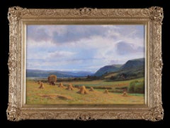 La recogida del heno. Paisaje enmarcado del siglo XIX. Óleo sobre lienzo