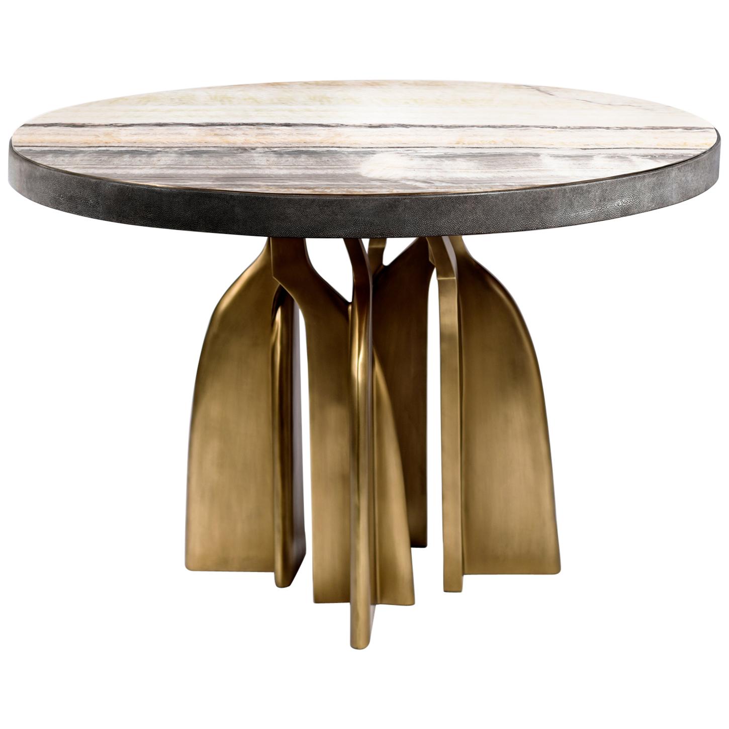 "Chital" Breakfast Table in Coal Black Shagreen, Onyx and Brass by Kifu, Paris