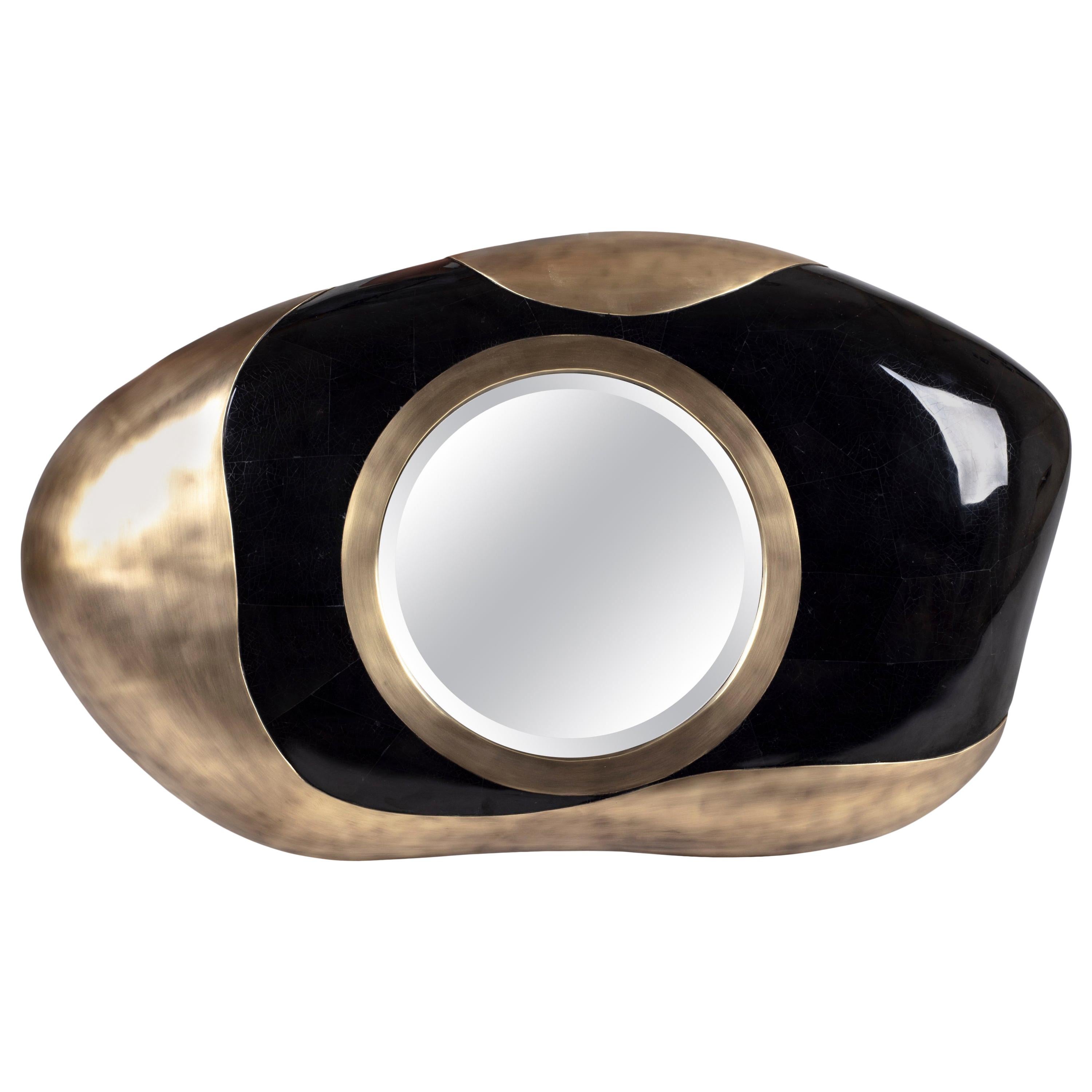 Chital Mirror in Black Pen Shell and Bronze-Patina Brass by Kifu, Paris