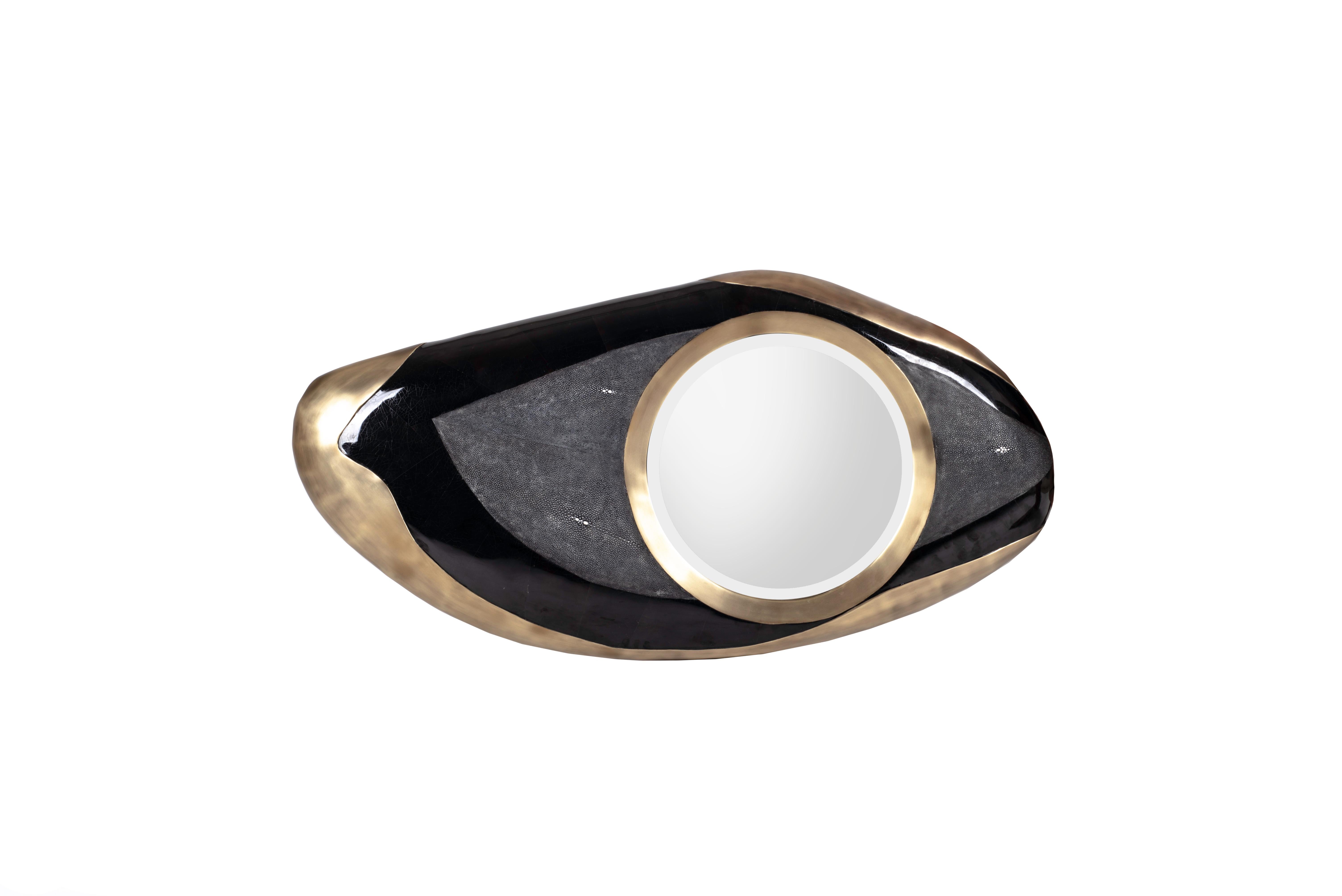 Art Deco Chital Mirror in Shagreen, Black Shell & Bronze-Patina Brass by Kifu Paris For Sale