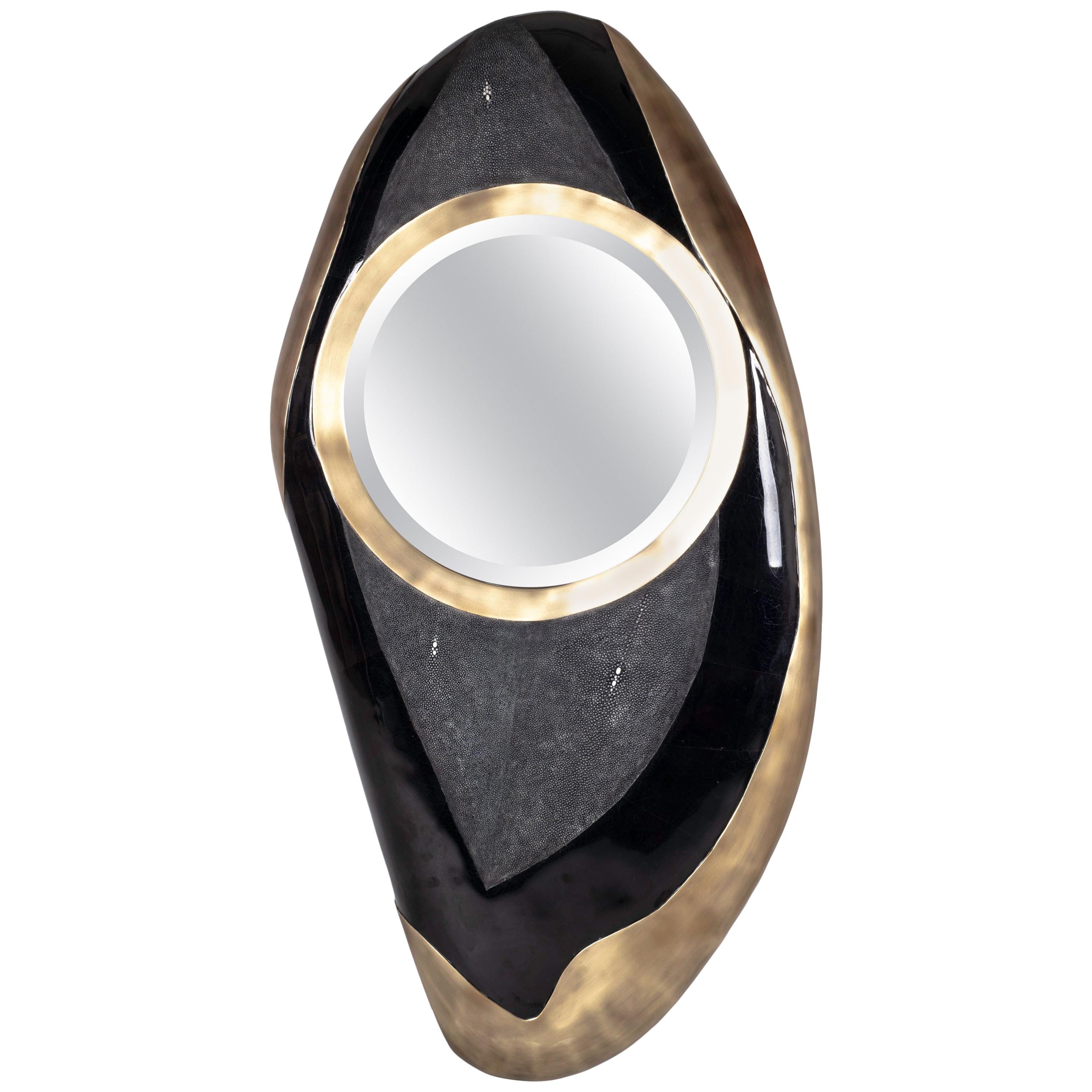 Chital Mirror in Shagreen, Black Shell & Bronze-Patina Brass by Kifu Paris For Sale