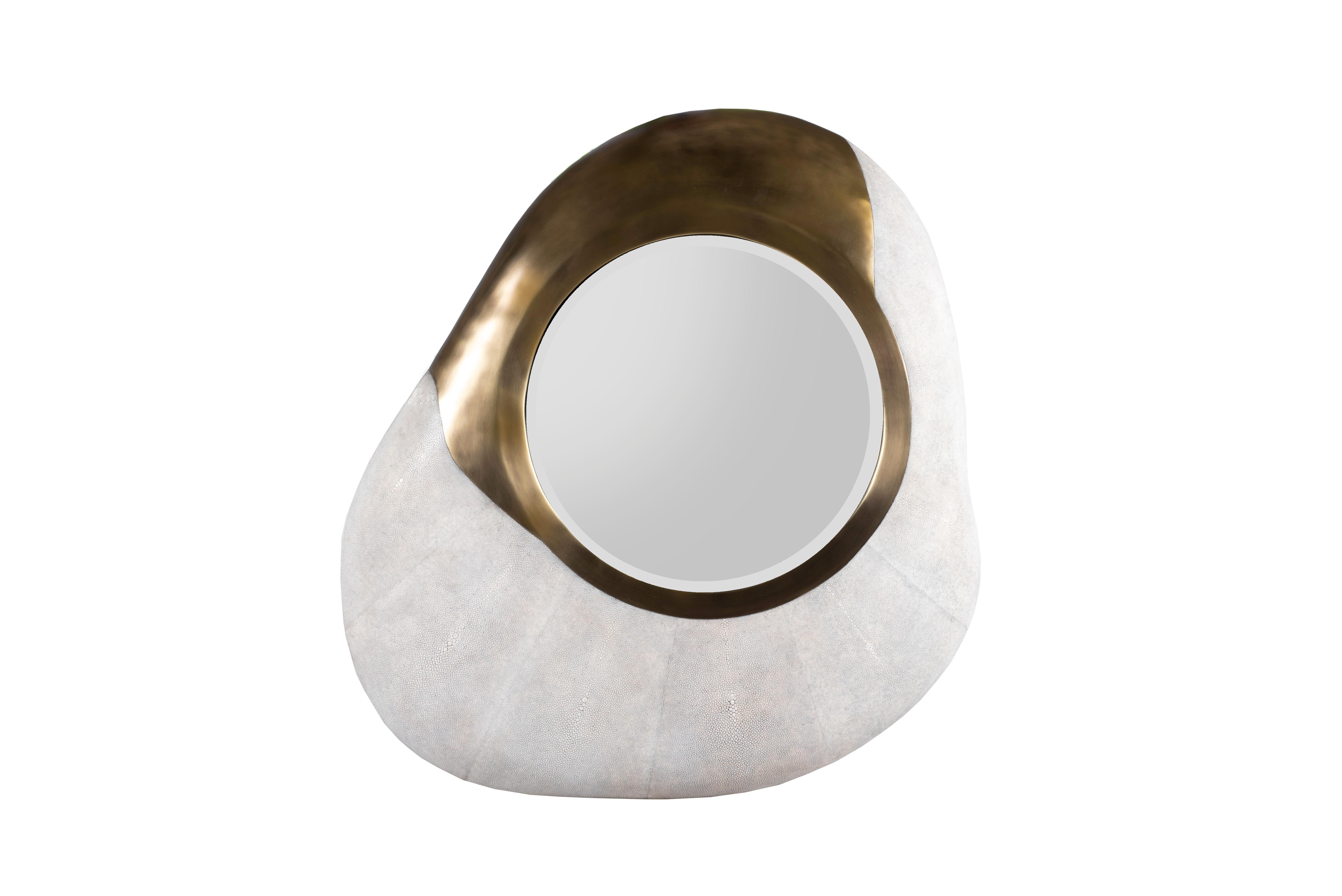 French Chital Mirror in Cream Shagreen and Bronze-Patina Brass by Kifu Paris