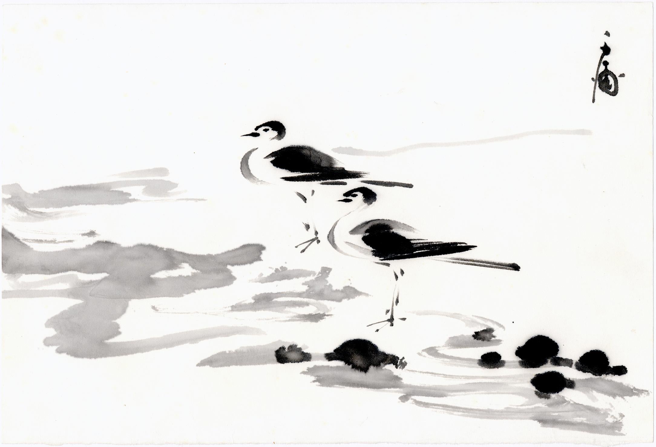 Chiura Obata Animal Painting - Ink Painting of two Shorebirds on the Beach
