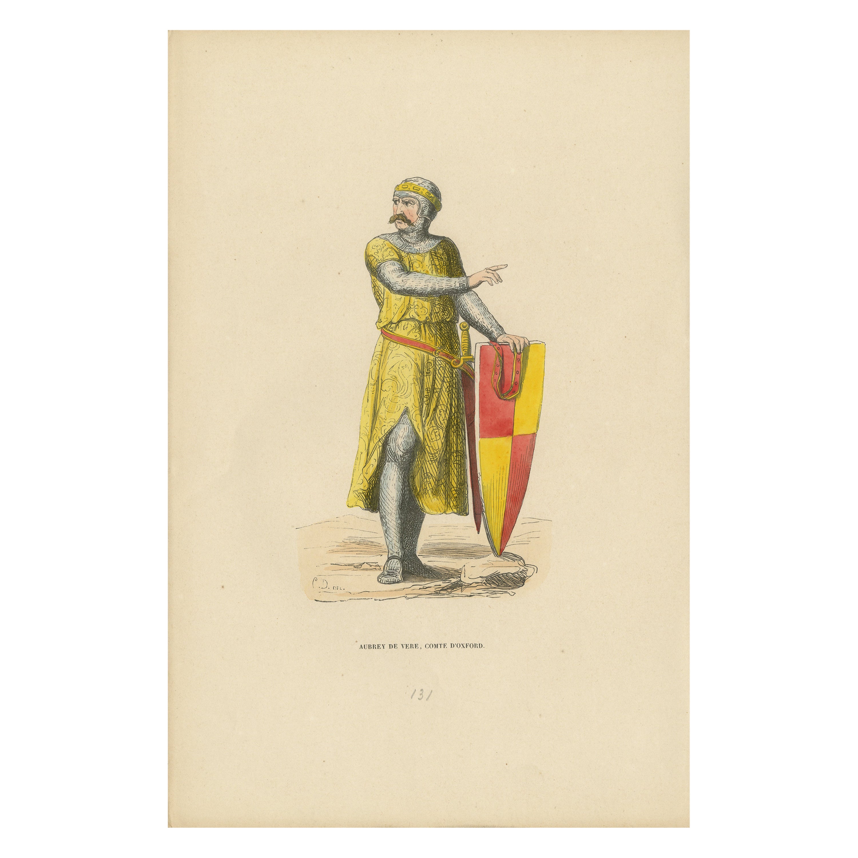 Chivalric Poise: Aubrey de Vere, Earl of Oxford, in einem antiken Druck von 1847 im Angebot