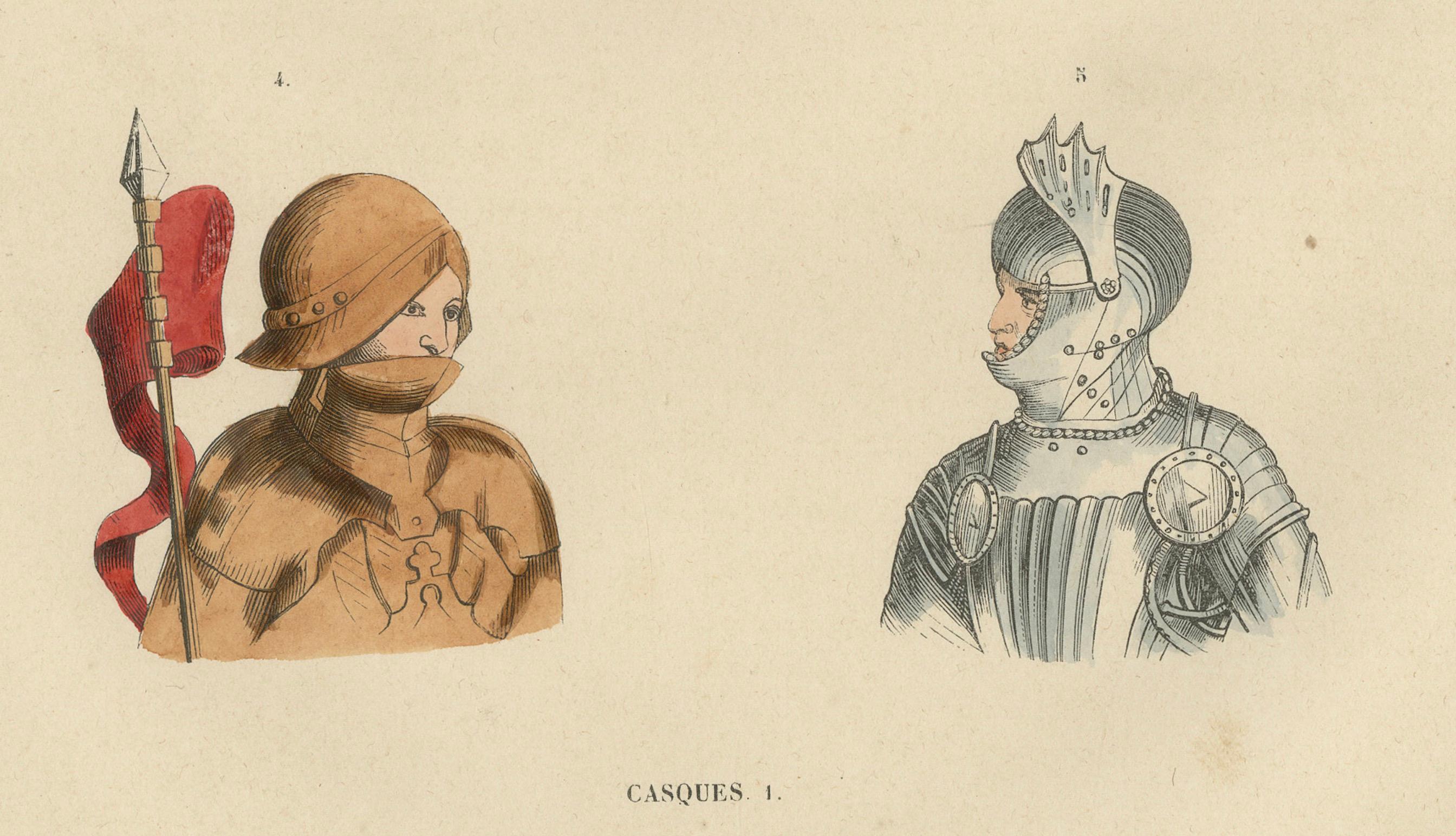 This print presents a fascinating collection of historical helmets and headpieces, each representing a unique style and period. At the top left, there is a helmet with a visor and neck guard, reminiscent of European knights. Adjacent to it is a