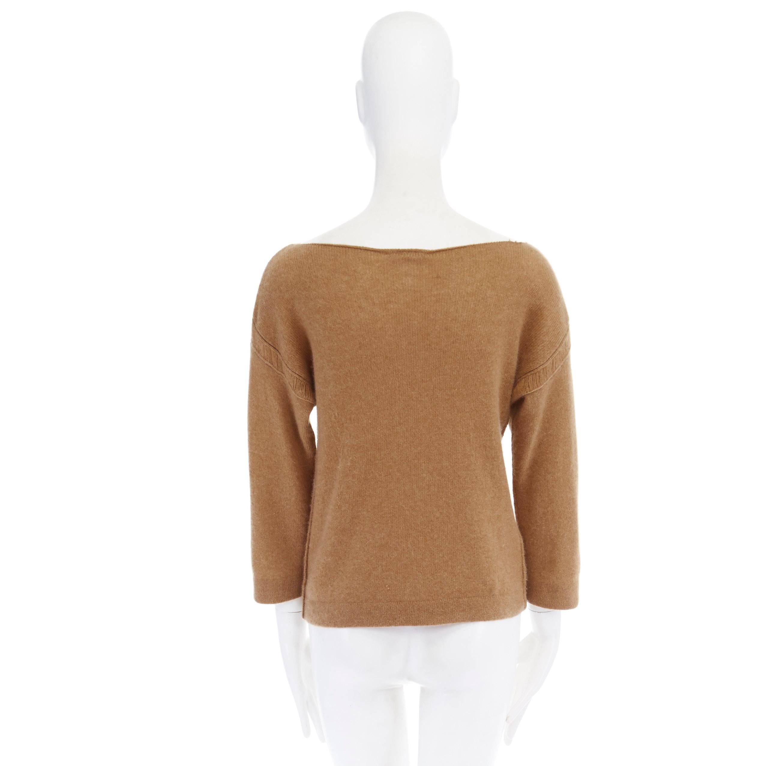 Women's CHLOE 100% cashmere camel brown wide boat neck ladder stitch sweater top S