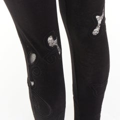 CHLOE 100% silk black lace embroidery cutout applique ribbed leggings XS
