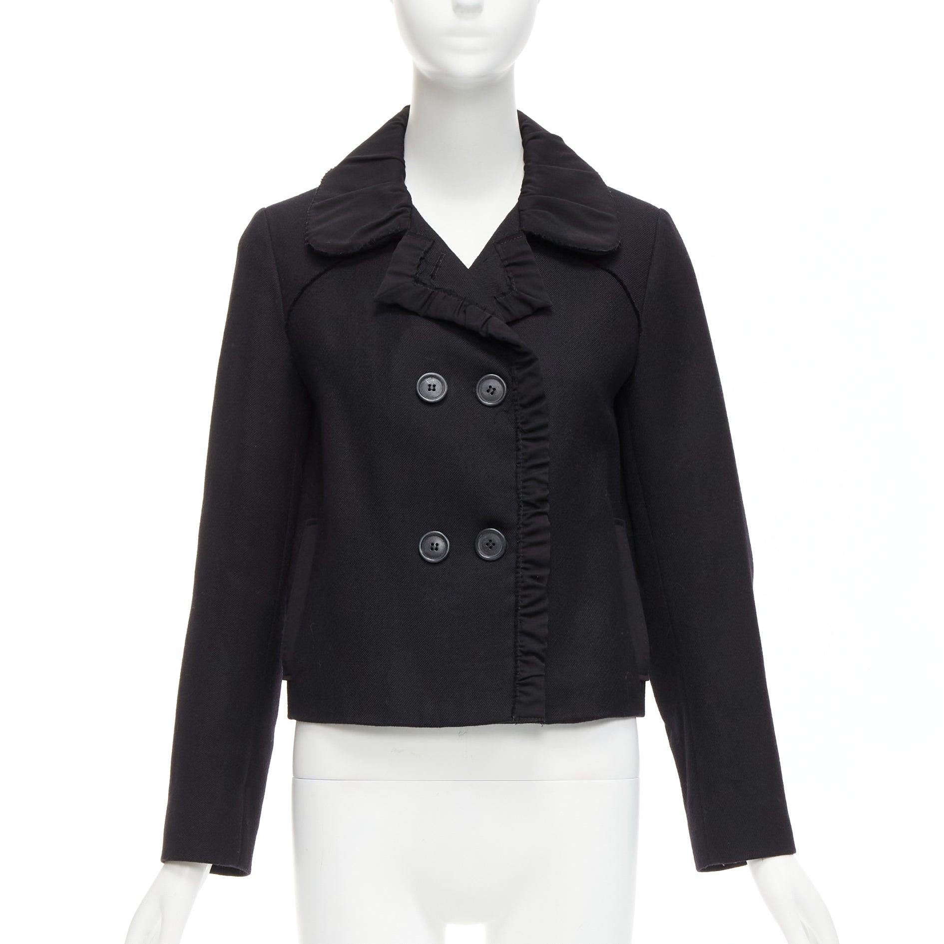 CHLOE 100% wool black gathered ruche trim pleated collar cropped jacket FR36 S In Good Condition For Sale In Hong Kong, NT