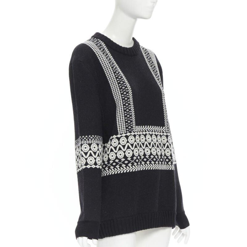 Black CHLOE 100% wool black white intarsia woven long sleeve sweater pullover XS For Sale