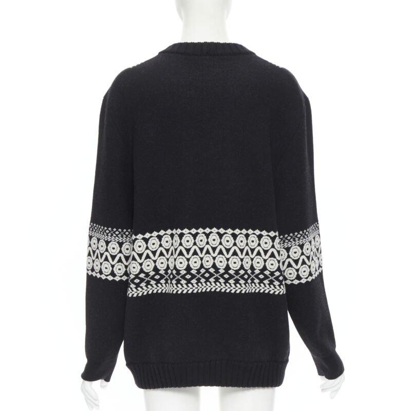 Women's CHLOE 100% wool black white intarsia woven long sleeve sweater pullover XS For Sale