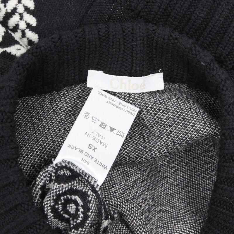 CHLOE 100% wool black white intarsia woven long sleeve sweater pullover XS For Sale 4