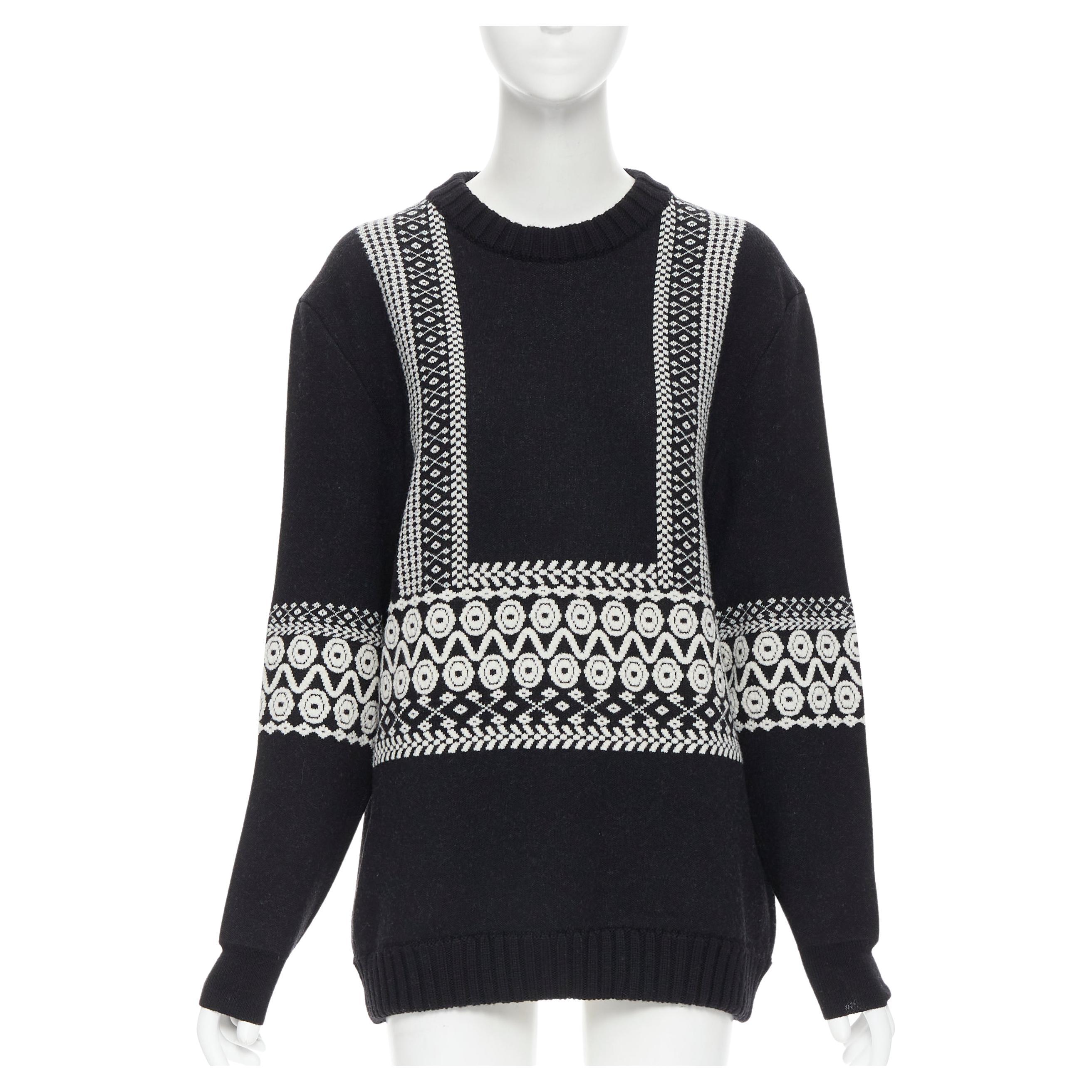 CHLOE 100% wool black white intarsia woven long sleeve sweater pullover XS For Sale