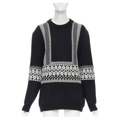 CHLOE 100% wool black white intarsia woven long sleeve sweater pullover XS