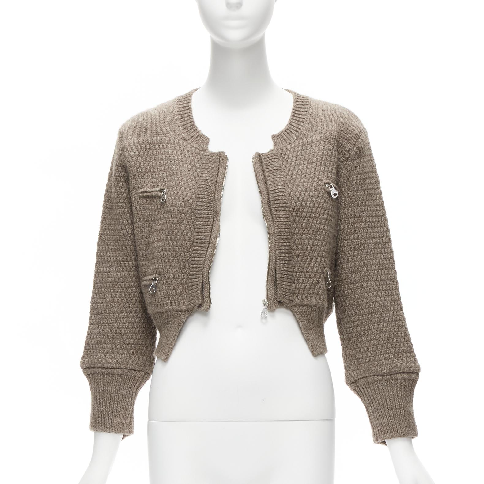 CHLOE 100% wool brown zip front 4 pocket cropped cardigan jacket FR38 M In Excellent Condition In Hong Kong, NT