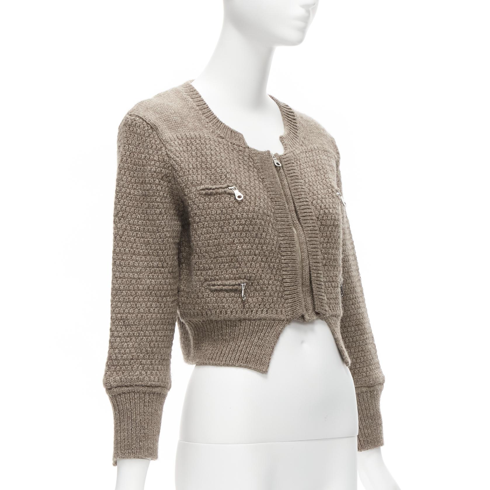 Women's CHLOE 100% wool brown zip front 4 pocket cropped cardigan jacket FR38 M