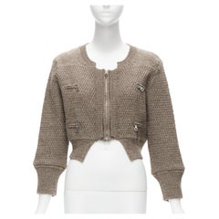 CHLOE 100% Wolle braun Reißverschluss vorne 4 Taschen abgeschnittene Strickjacke FR38 M