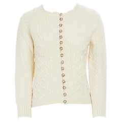 CHLOE 100% wool cream grid intarsia button front cropped cardigan sweater S