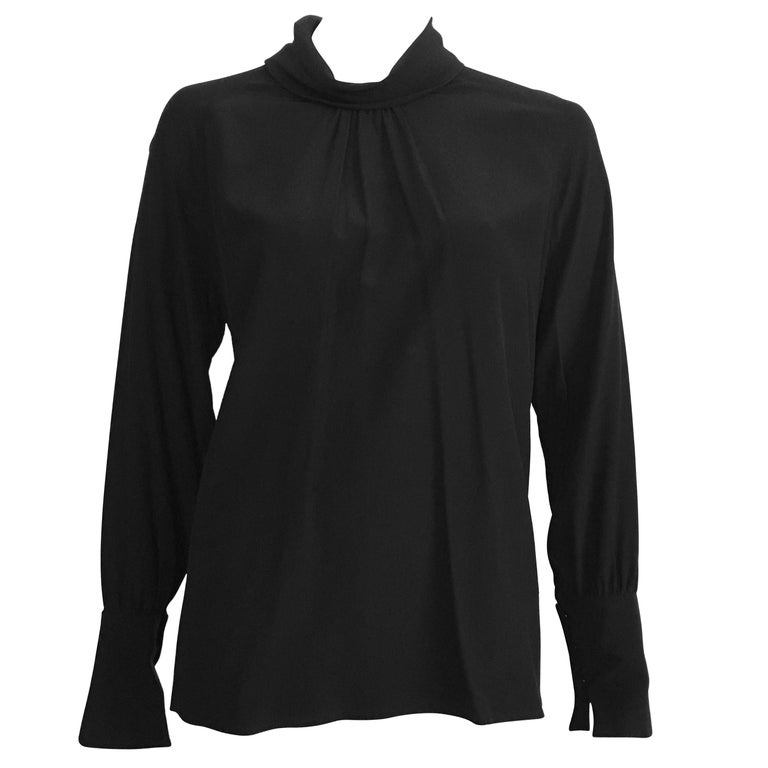 Chloe 1980s Black Silk Long Sleeve Blouse Size Large. For Sale at 1stDibs