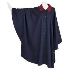 Vintage Chloe 1981 Blue and Wine Wool Cape Designed by Karl Lagerfeld Documented