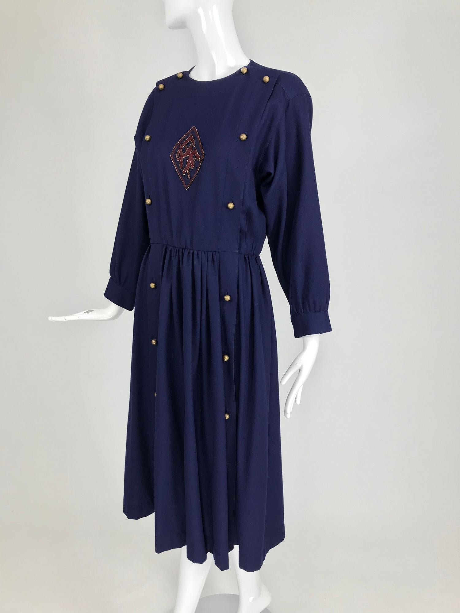 Black Chloe 1981 Karl Lagerfeld Blue Embroidered Button Front Dress Documented