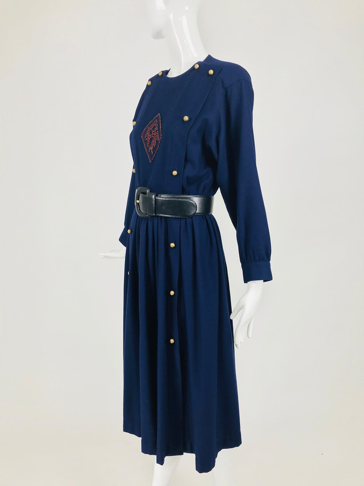 Chloe 1981 Karl Lagerfeld Blue Embroidered Button Front Dress Documented In Good Condition In West Palm Beach, FL
