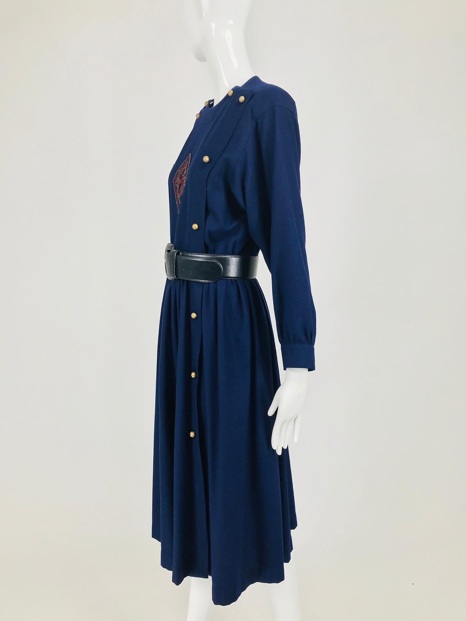 Chloe 1981 Karl Lagerfeld Blue Embroidered Button Front Dress Documented 1