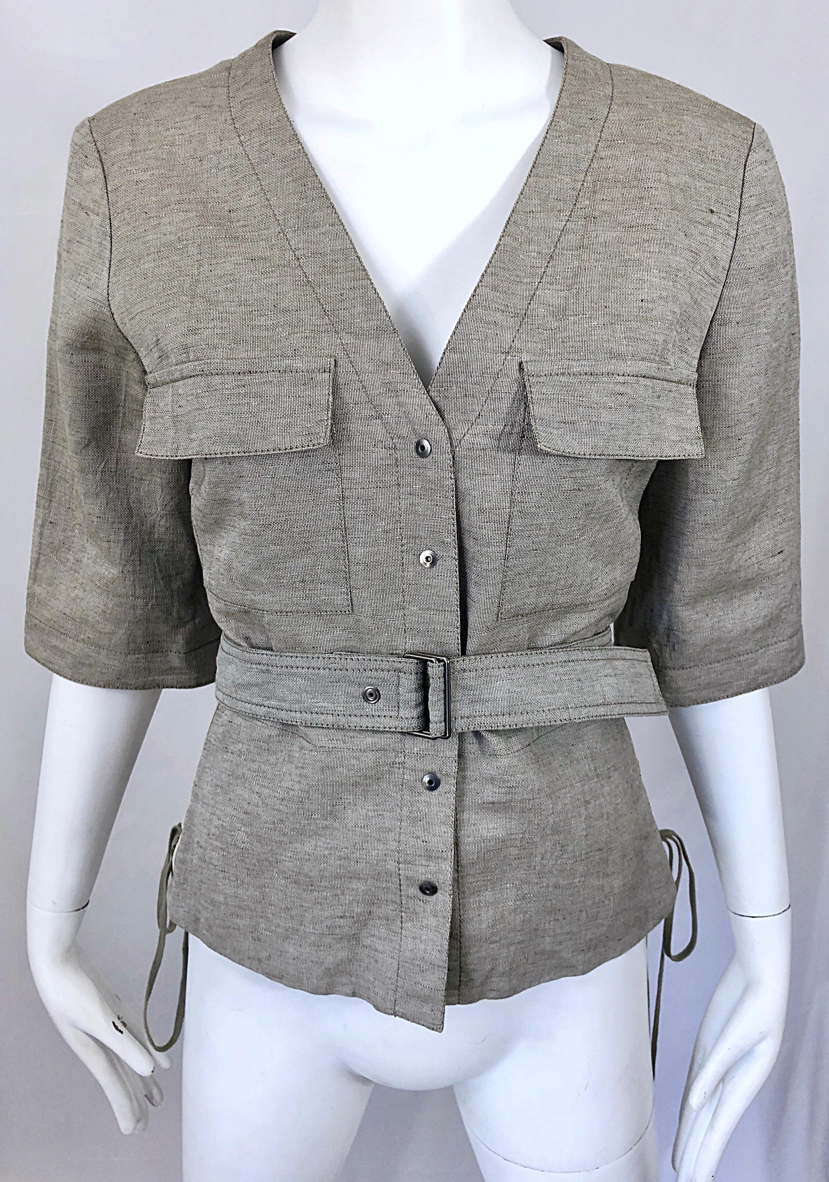 Chloe Años 90 Stella McCartney Chaqueta Safari Beige Caqui Lino Manga Corta en venta 6