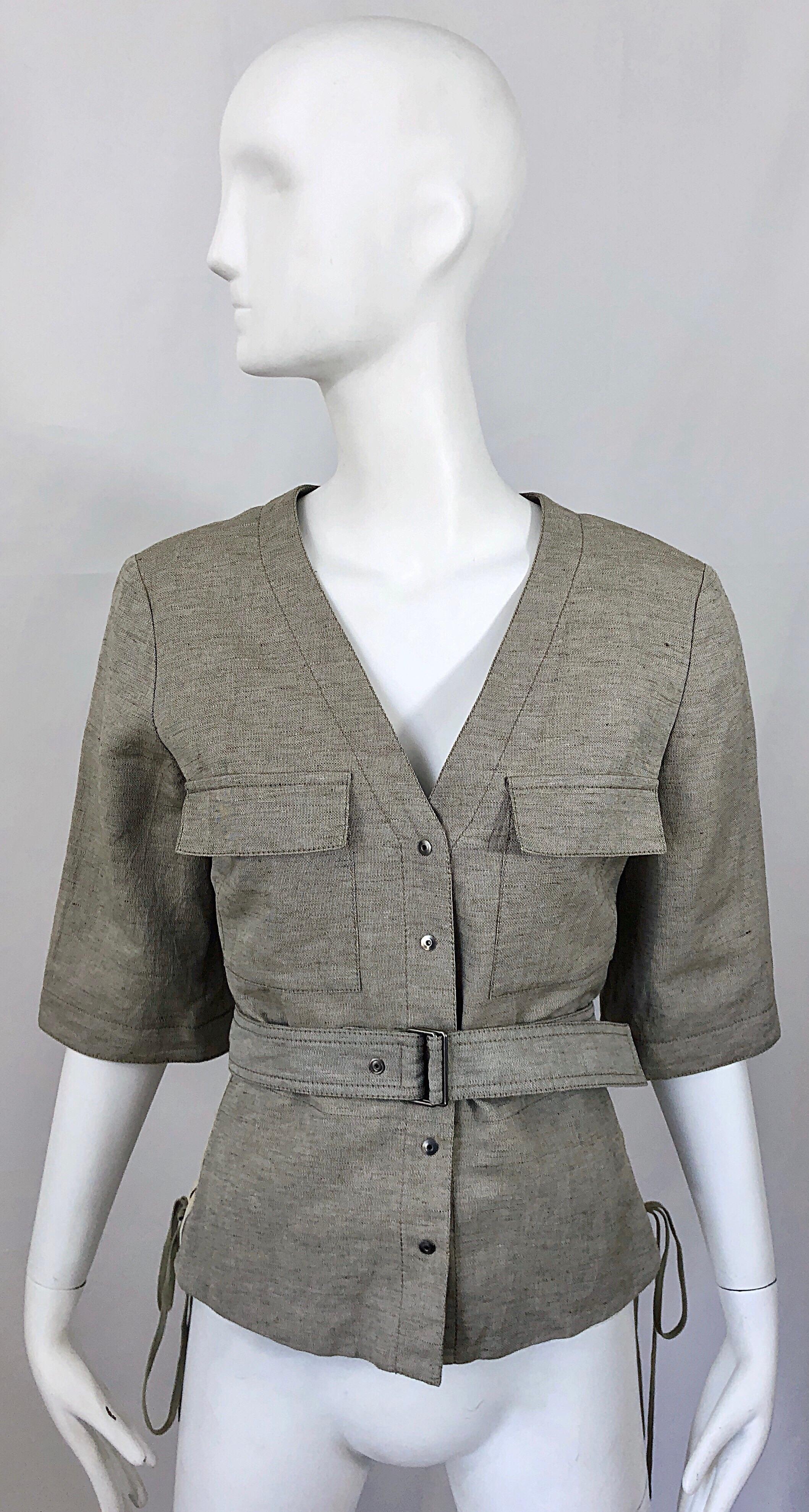 Chloe Años 90 Stella McCartney Chaqueta Safari Beige Caqui Lino Manga Corta en venta 9