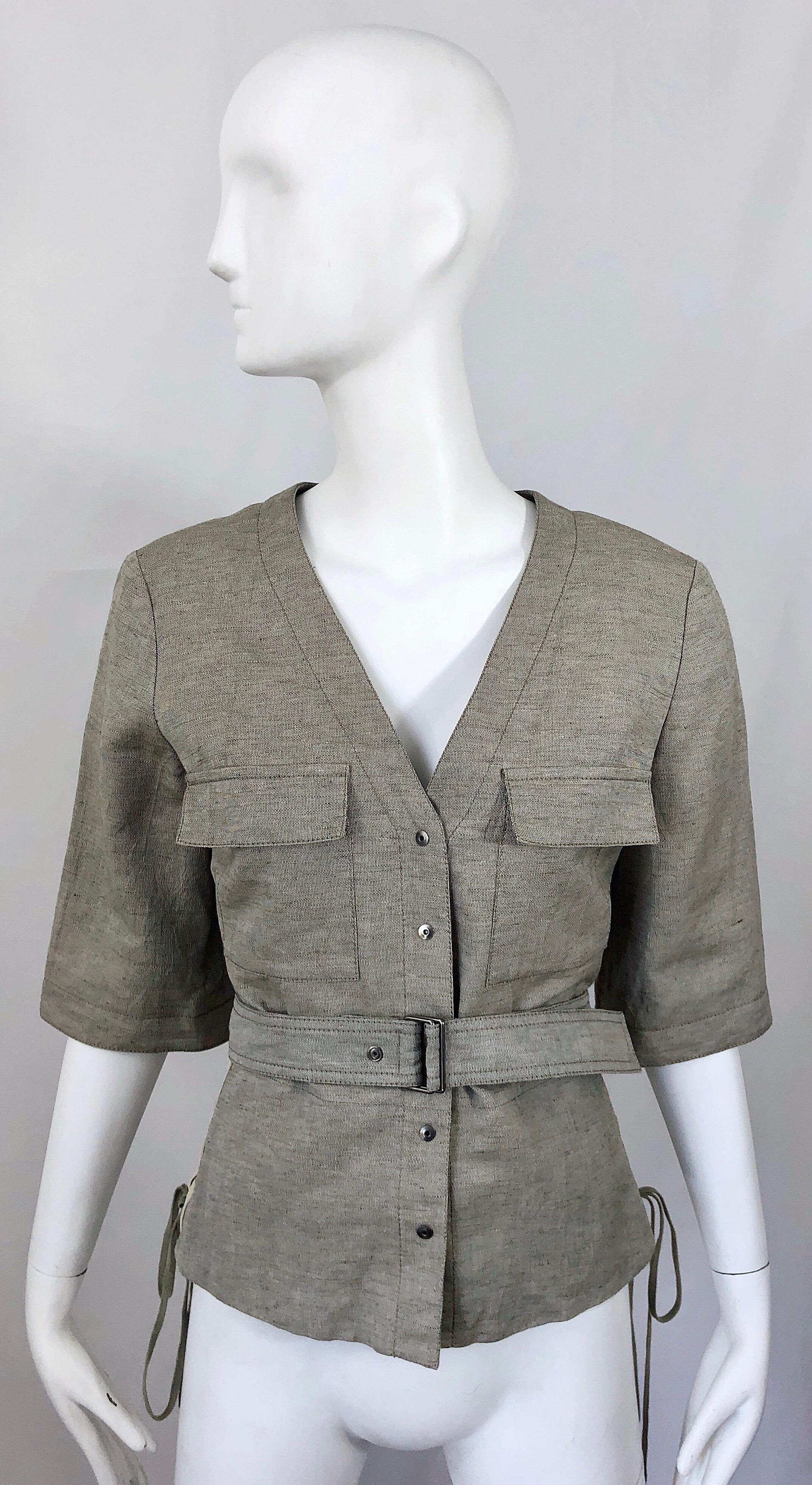 Chloe Años 90 Stella McCartney Chaqueta Safari Beige Caqui Lino Manga Corta en Excelente estado para la venta en San Diego, CA