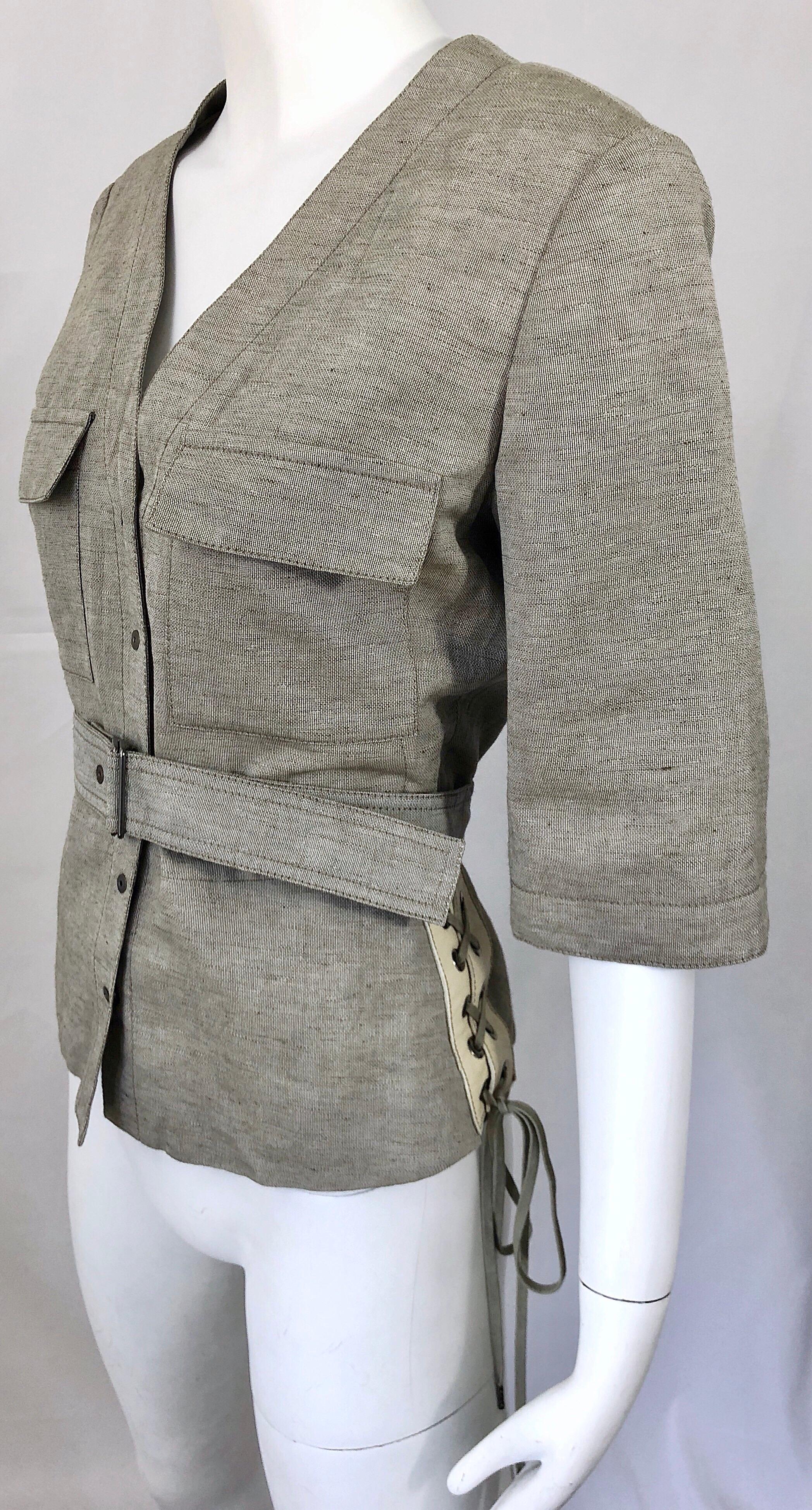 Chloe Años 90 Stella McCartney Chaqueta Safari Beige Caqui Lino Manga Corta en venta 1