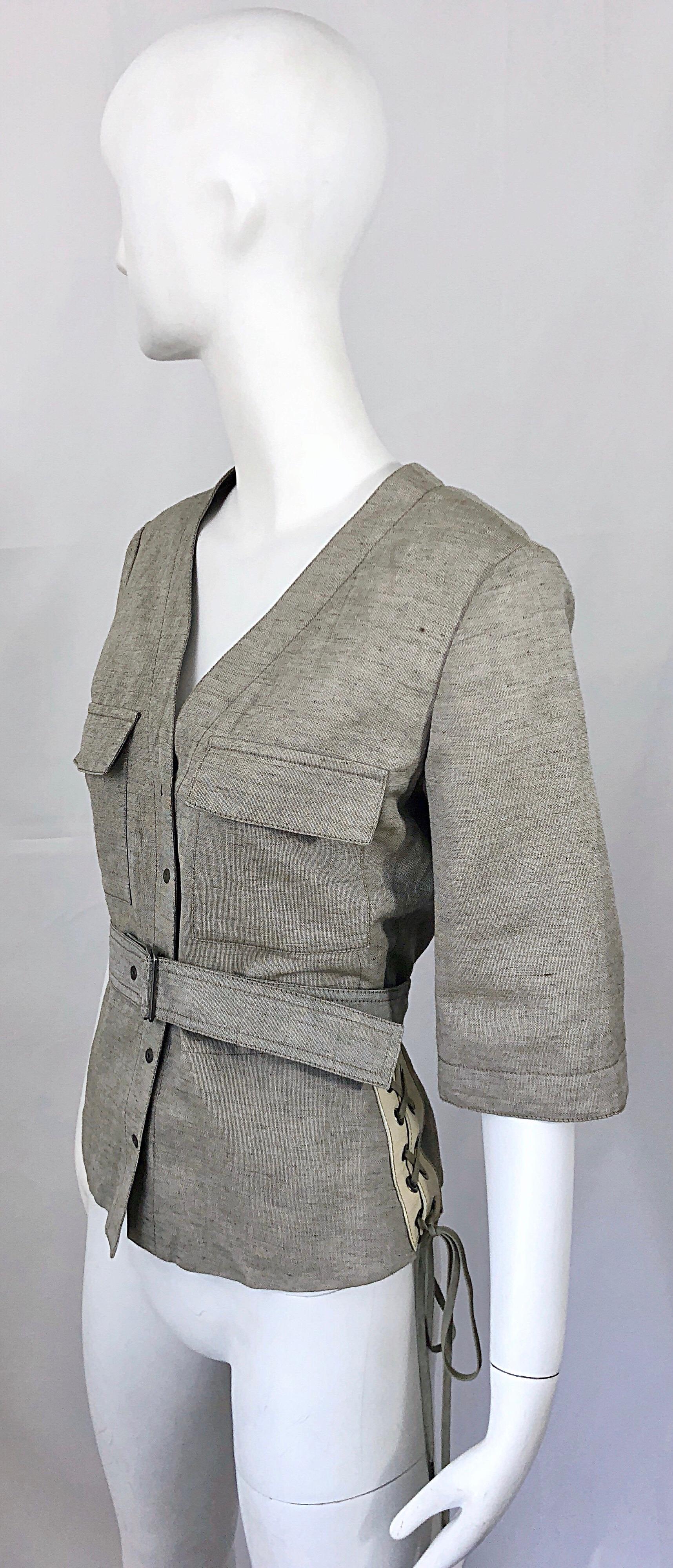 Chloe Años 90 Stella McCartney Chaqueta Safari Beige Caqui Lino Manga Corta en venta 2
