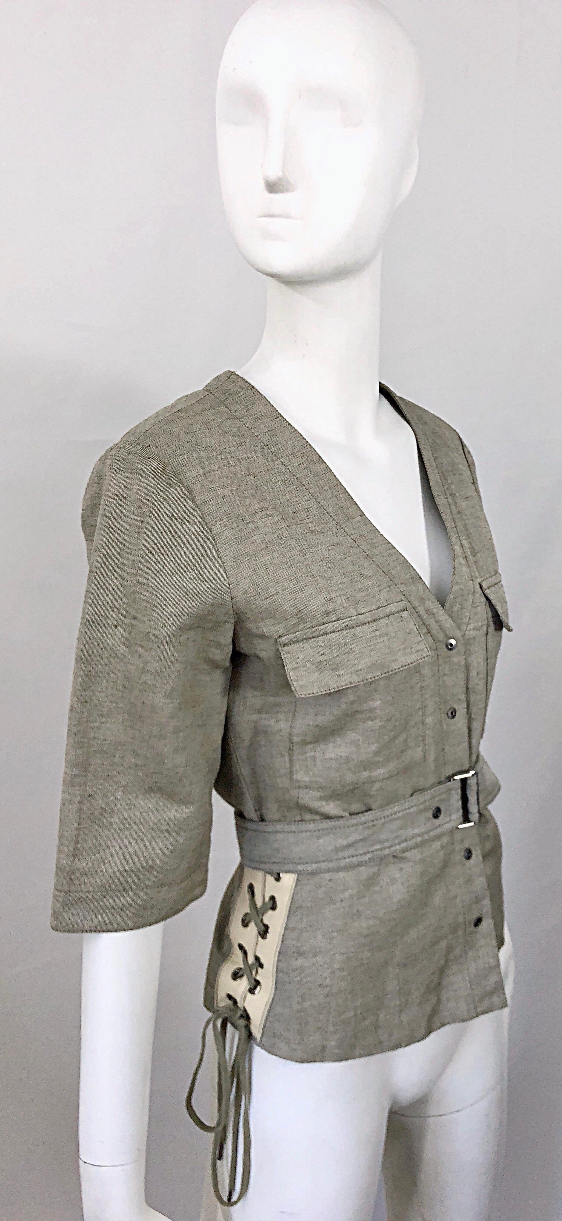 Chloe Años 90 Stella McCartney Chaqueta Safari Beige Caqui Lino Manga Corta en venta 5