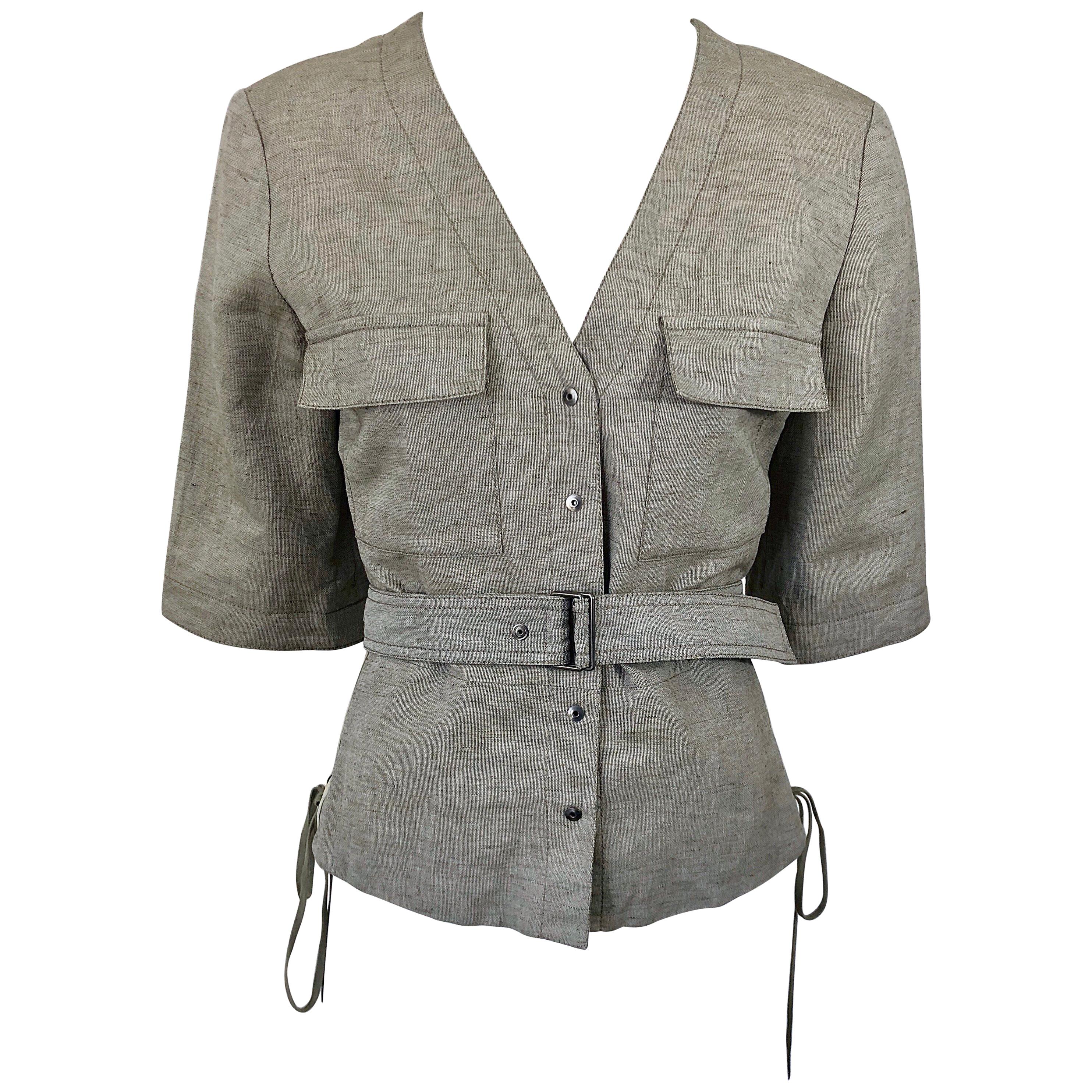 Chloe 1990 Stella McCartney Beige Khaki Linen Short Sleeve Safari Top Jacket