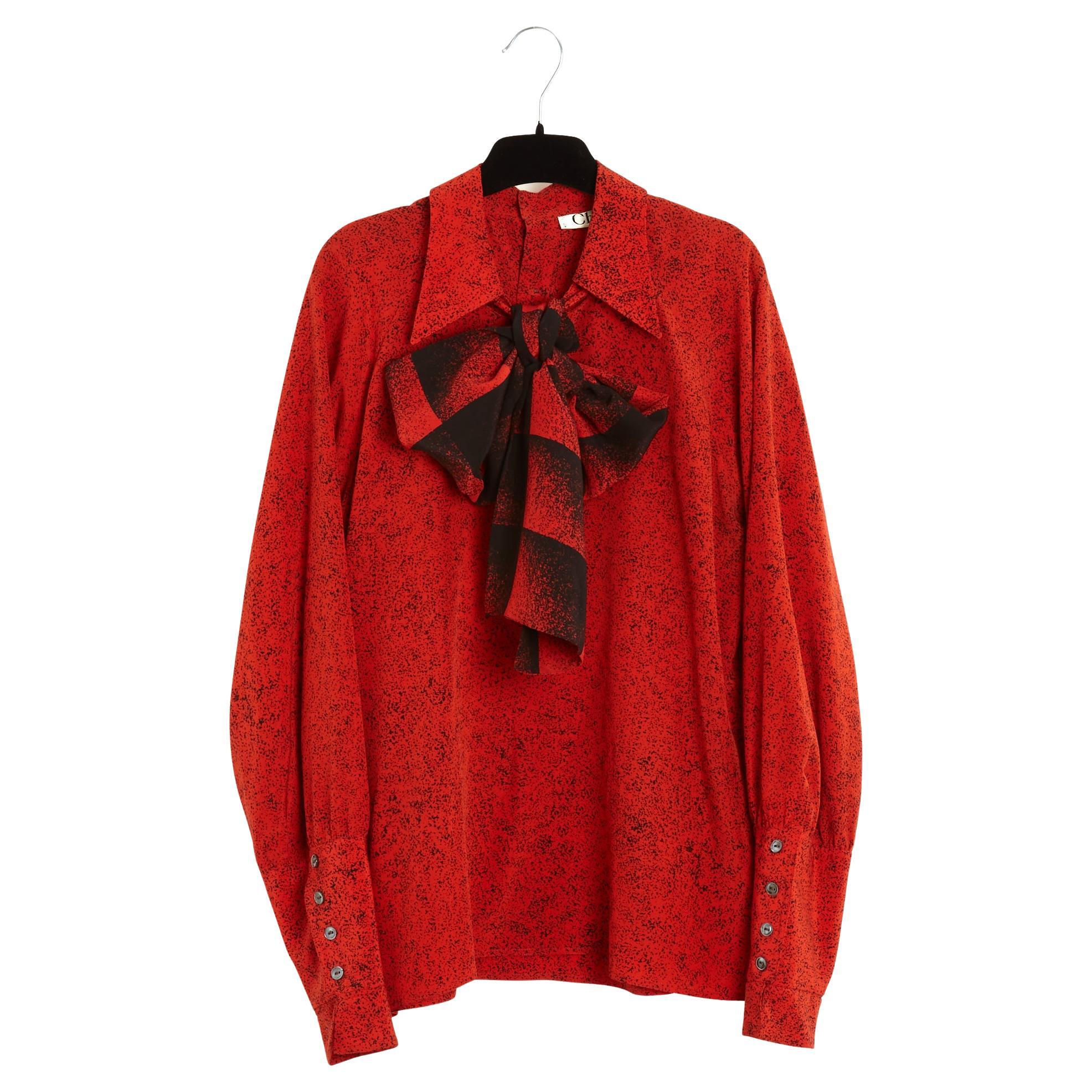 Chloe 1995s Top FR40 Red Black Silk Ascot Knot Blouse UK12 US10 Lagerfeld Chloé For Sale